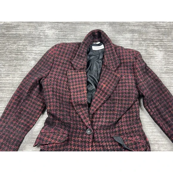 Liz Claiborne Collection Blazer Medium Womens Red Black Houndstooth Wool‎ Blend - Picture 2 of 10